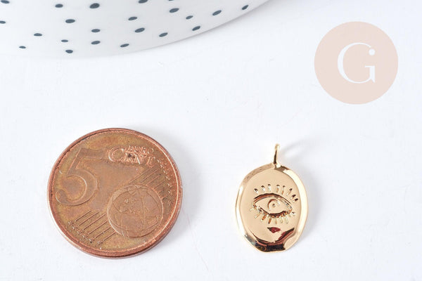 Pendentif ovale mauvais œil laiton doré 18K 17mm, pendentif laiton doré chance, x1 G8867