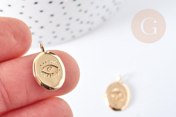 Pendentif ovale mauvais œil laiton doré 18K 17mm, pendentif laiton doré chance, x1 G8867
