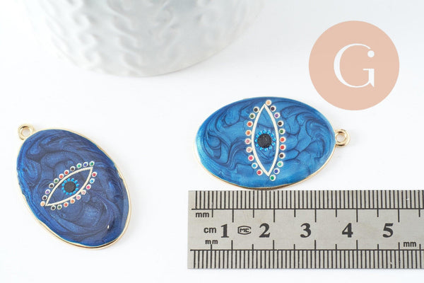 Pendentif ovale oeil protecteur émail bleu foncé zamac doré 39mm, x1 (G5930)