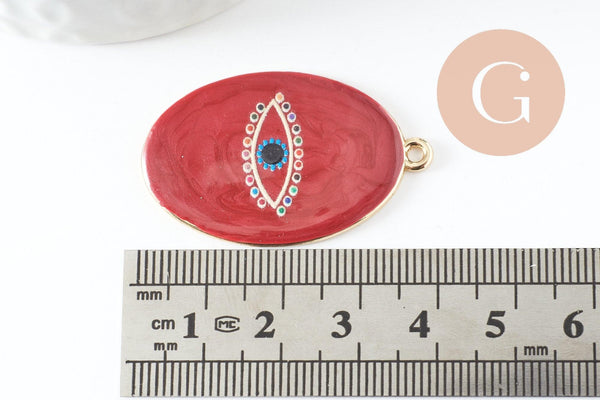 Pendentif ovale oeil protecteur émail rouge bordeau zamac doré 39mm, pendentif laiton émaillé,sans nickel, x1 (G5915)