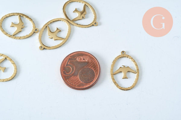 Pendentif ovale oiseau acier doré 21.5mm, breloque hirondelle acier inoxydable doré, pendentif sans nickel, création bijoux, x1 (G6019)