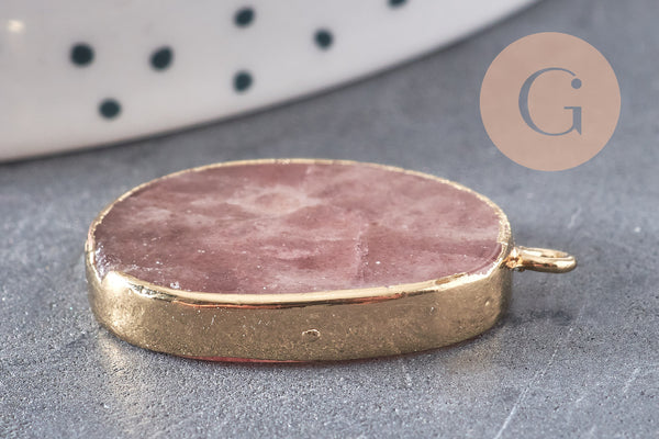 Pendentif ovale quartz fraise fer doré 28mm, x1 (G1138)