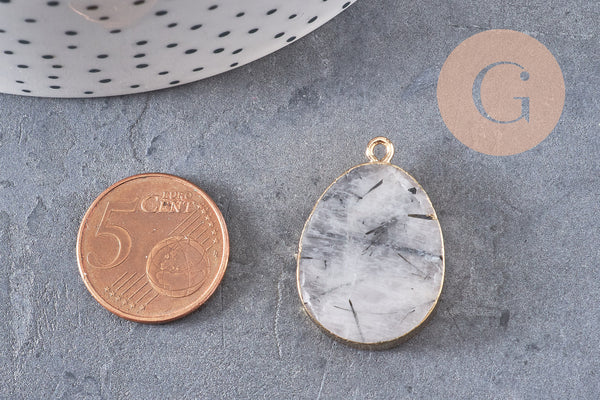 Pendentif ovale quartz gris naturel fer doré 28mm, pendentif pierre naturelle x1 (G1799)