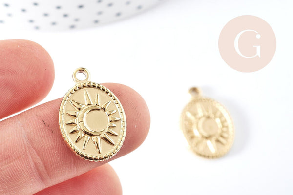 Pendentif ovale soleil acier inoxydable 304 doré IP 22mm, x1 (G8738)