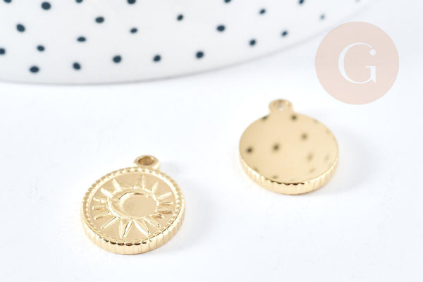 Pendentif ovale soleil acier inoxydable 304 doré IP 22mm, x1 (G8738)