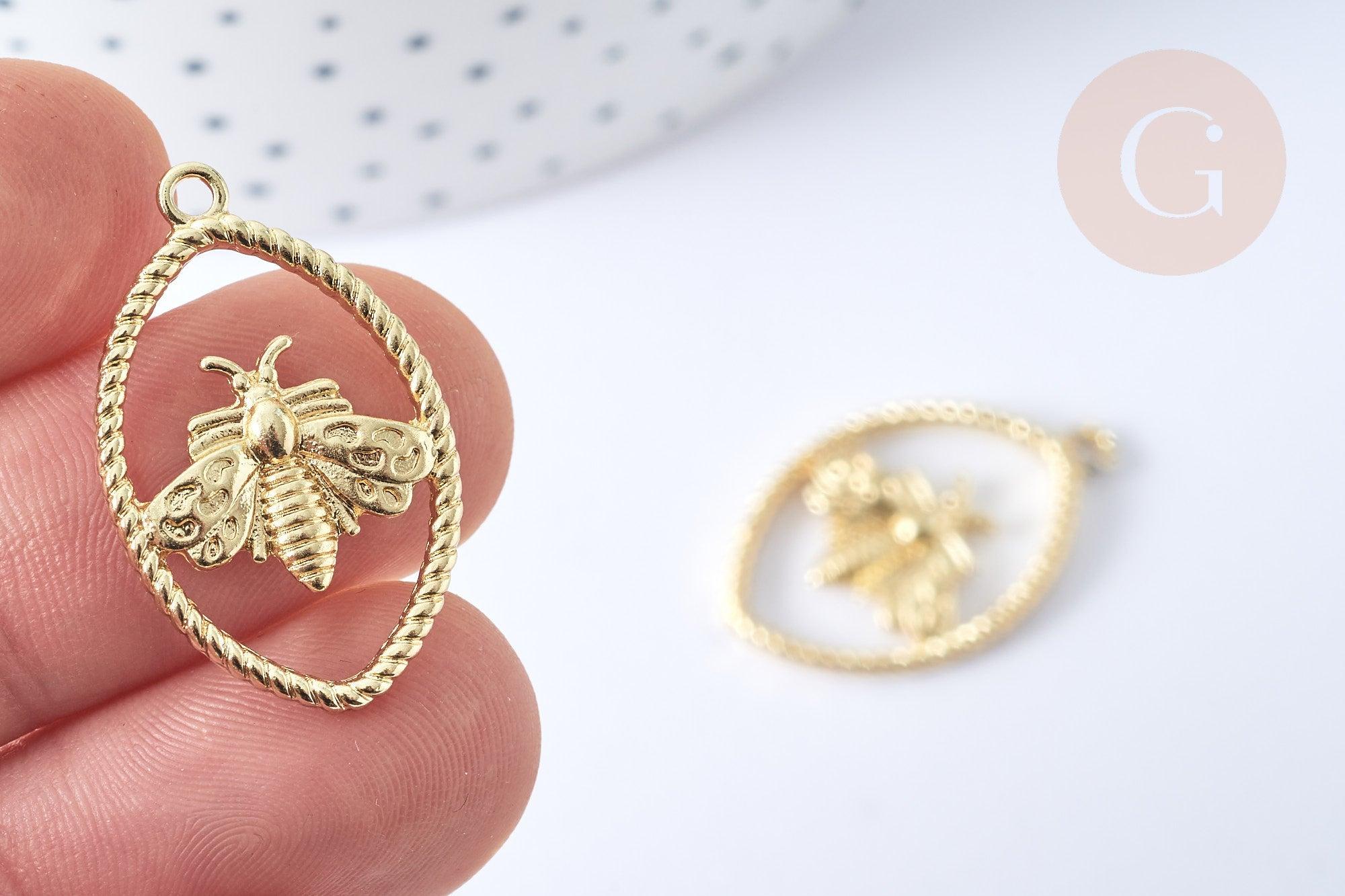 Pendentif ovale torsadé abeille zamac doré 28.5mm, pendentif création bijoux doré, x1 G7752