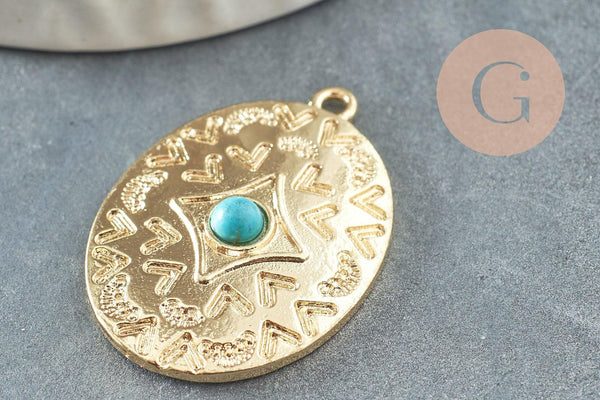 Pendentif ovale zamac doré 16K gravé turquoise de synthèse,sans nickel,creation bijoux inspiration indienne, 31.5mm, x1 (G4526)