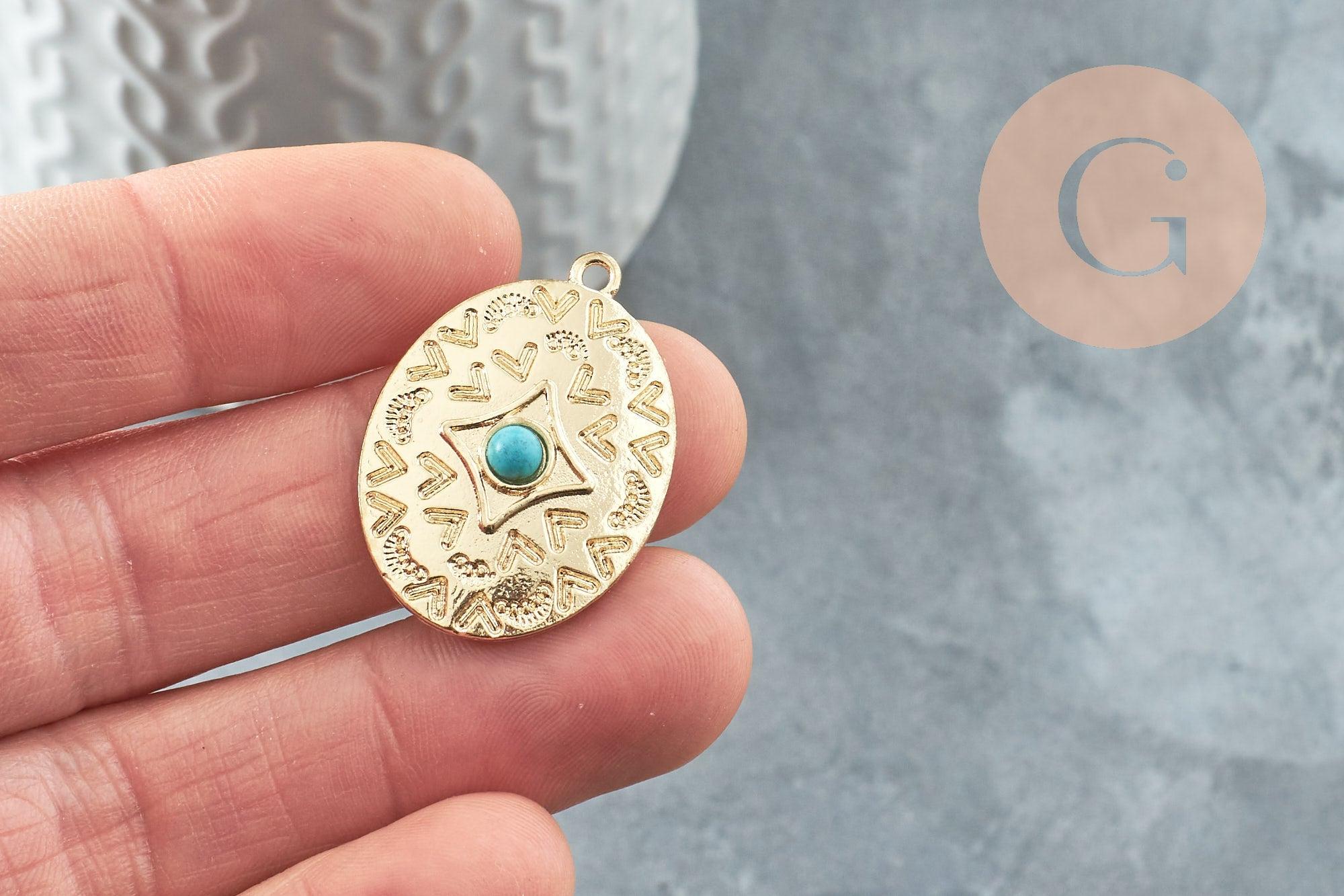 Pendentif ovale zamac doré 16K gravé turquoise de synthèse,sans nickel,creation bijoux inspiration indienne, 31.5mm, x1 (G4526)