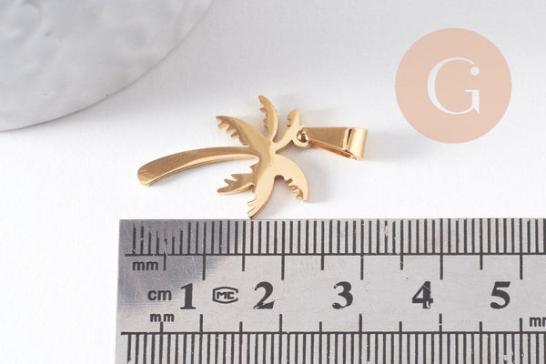 Pendentif palmier acier 304 inoxydable doré ou platine 17.5mm à 22mm, x1 (G10289)