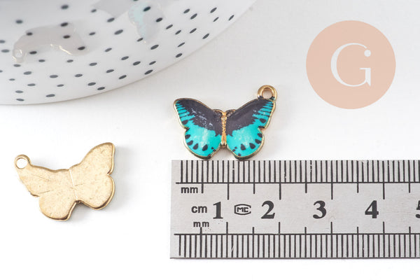 Pendentif papillon émail bleu zamac doré zamac doré 20mm, x5 (G4570)