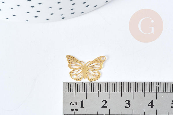 Pendentif papillon filigrane acier 201 inoxydable doré 18mm, x1 (G8725)