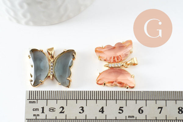 Pendentif papillon rectangle cristal laiton doré 26.5mm, x1 (G5993)