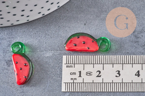 Pendentif pastèque fruit rouge verre tchèque 15-19mm, x5 (G4234)