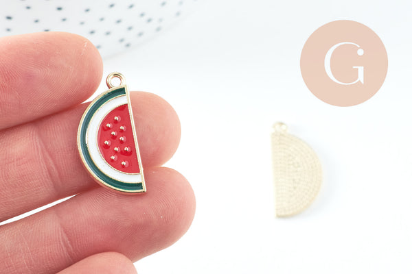 Pendentif pastèque zamac doré émaillé 26mm, x5 (G2467)