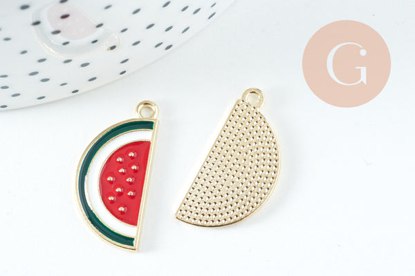 Pendentif pastèque zamac doré émaillé 26mm, x5 (G2467)