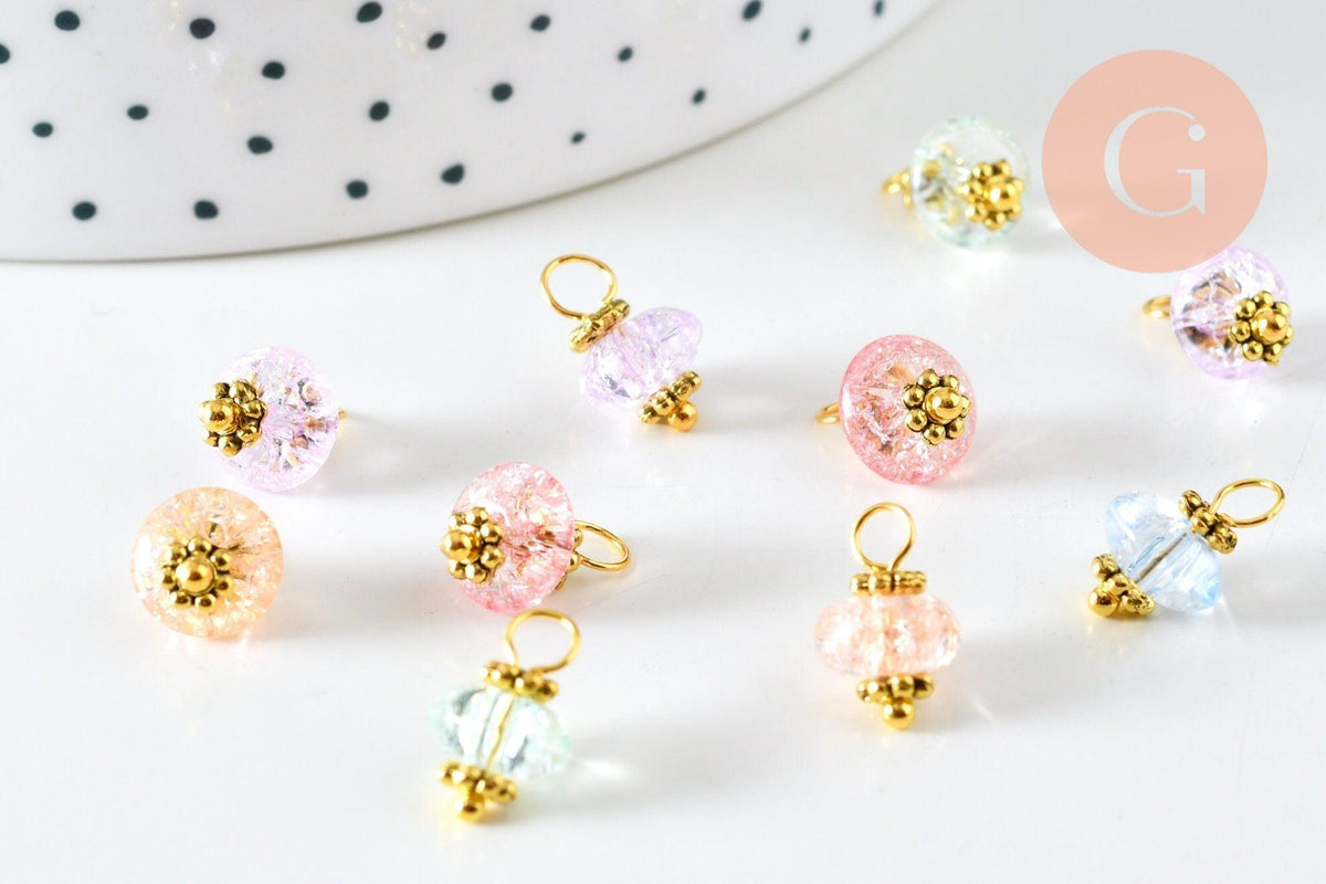 Pendentif perle fleur cristal pastel laiton doré 12mm, x10 (G6282)
