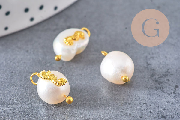 Pendentif perle naturelle Keshi Hippocampe doré 13-16mm,porte bonheur,perle eau douce,création bijou,perle naturelle blanche, x1 (G6091)