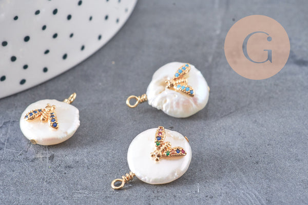 Pendentif perle naturelle Keshi abeille zircon ,porte bonheur,perle eau douce perle naturelle blanche,17-26mm, x1 (G4624)