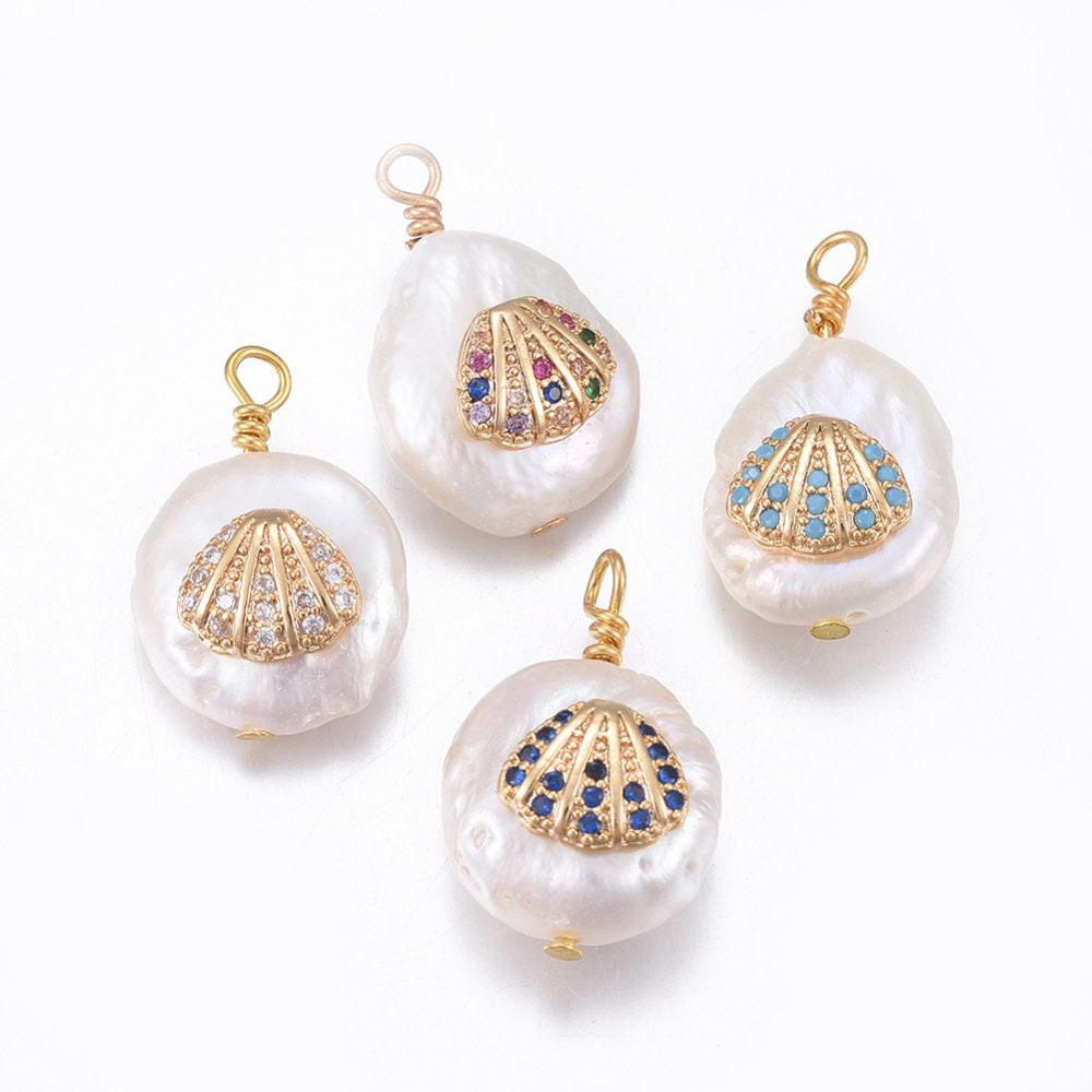 Pendentif perle naturelle Keshi coquillage zircon,porte bonheur,création bijou,perle naturelle eau douce blanche,17-27mm, x1,G3249