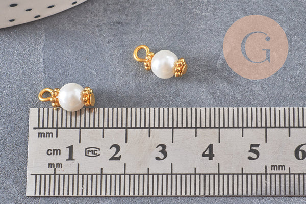 Pendentif perle ronde verre blanc nacré laiton doré 12,5mm, perle création bijoux imitation perle , x10 G7137