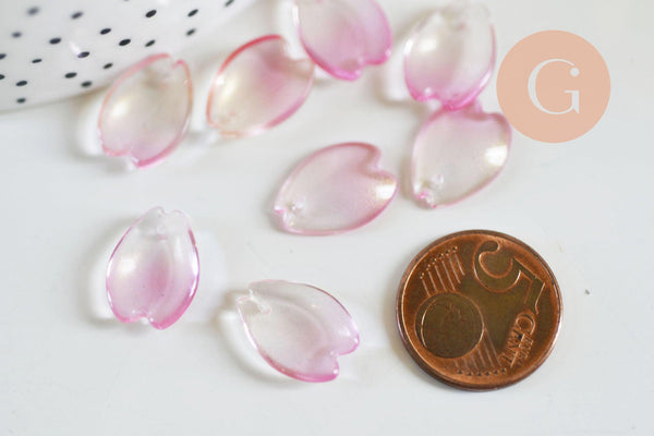 Pendentif pétale verre rose 16mm, perles verre tchèque, perle végétal, x10 (G7088)