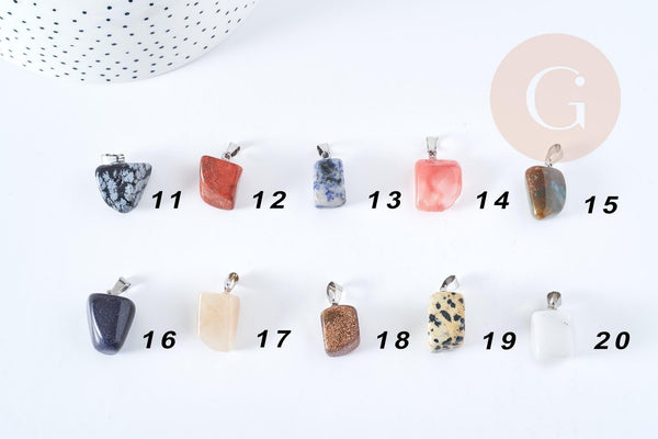 Pendentif pierre roulée naturelle ou de synthèse acier 304 inoxydable platine 15-35mm, x1 (G8379)