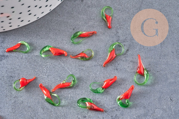 Pendentif piment rouge,perle verre tchèque,piment verre,pendentif verre,verre artisanal,pendentif chance,25mm, x 10 G1942