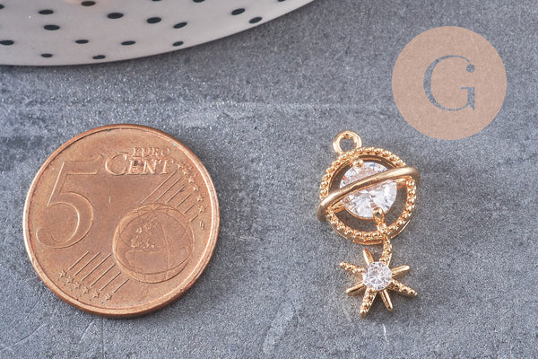 Pendentif planète étoile laiton doré 18K zircon 21mm, pendentif en cristal création bijoux porte bonheur femme en zircon, x1 (G5994)