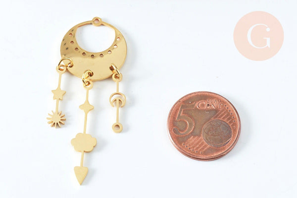 Pendentif pluie lunes et étoiles acier 304 inoxydable doré 55mm, x1 (G6345)