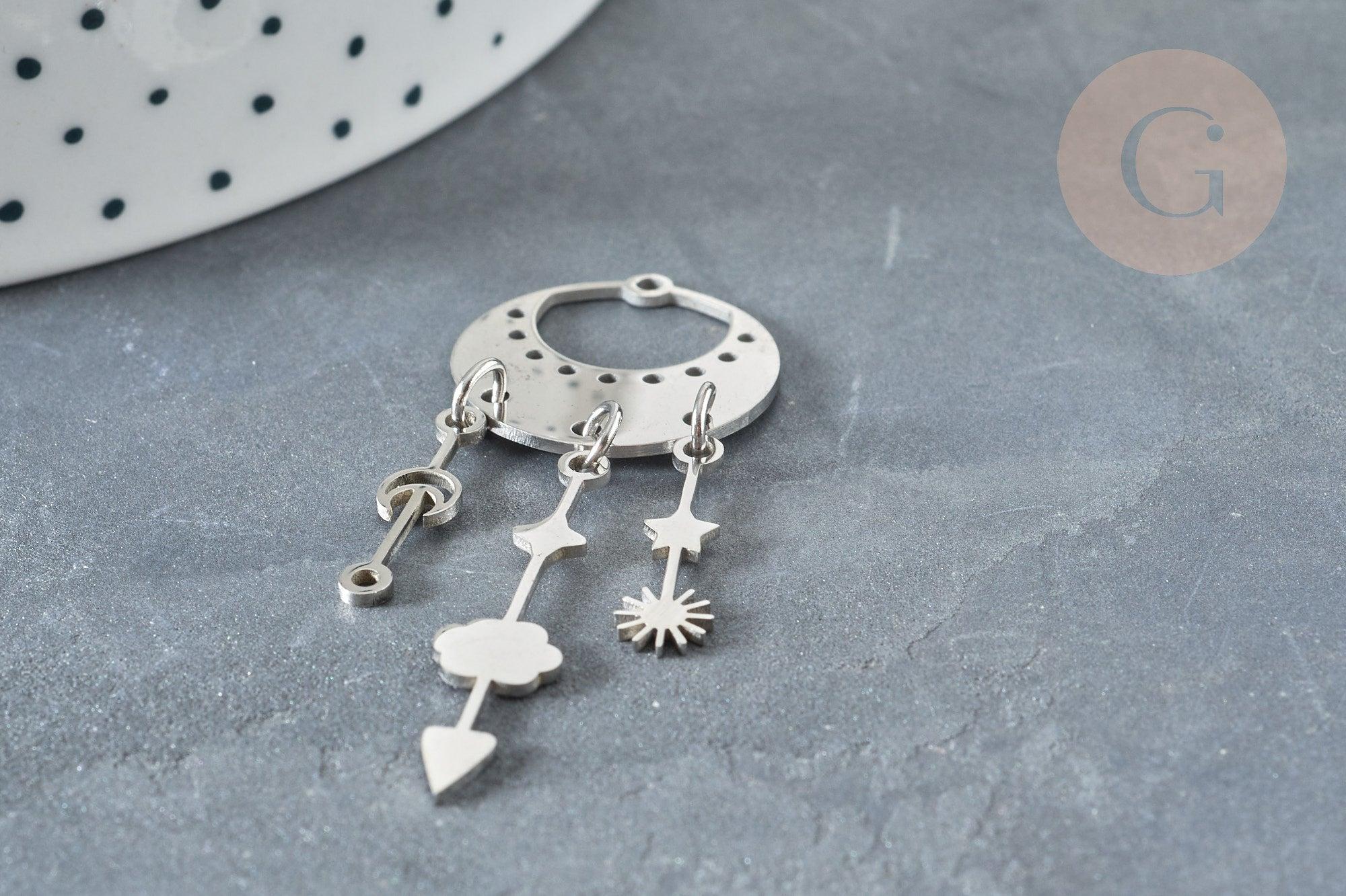 Pendentif pluie lunes et étoiles acier inoxydable 201 argenté 55mm, x1 (G7389)