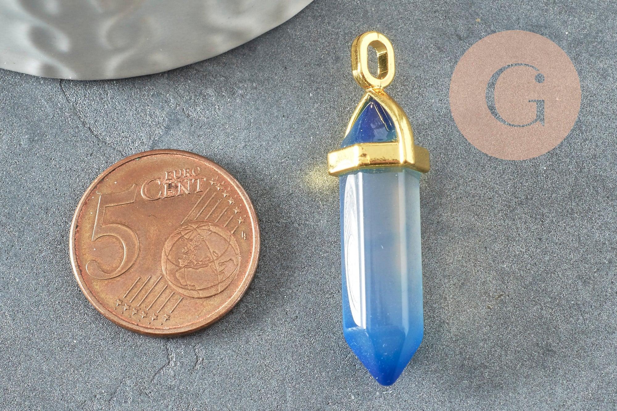 Pendentif pointe agate naturelle teintée bleue zamac doré 40mm, création bijoux pierre naturelle, x1 G3399