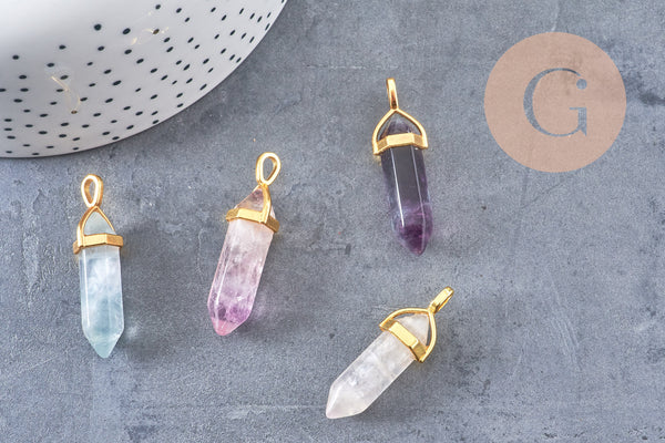 Pendentif pointe fluorite violette verte naturelle zamac doré 40mm, x1 (G5656)