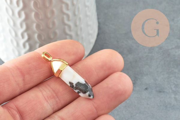 Pendentif pointe jaspe zebra marbré naturel laiton doré 37-41mm, création bijoux pierre naturelle, x1 G1019