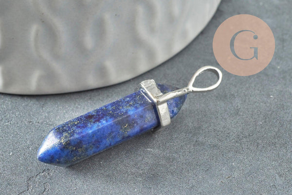 Pendentif pointe lapis lazulis naturel zamac argenté 40mm, x1 (G4078)