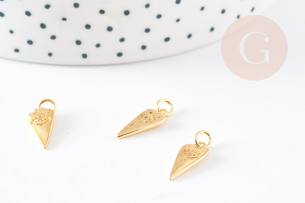 Pendentif pointe oeil laiton doré zircon 15mm, un pendentif doré sans nickel pour la création de bijoux chance x1 G3172