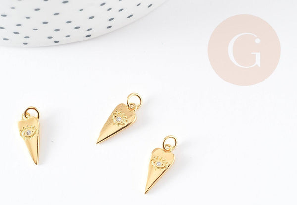 Pendentif pointe oeil laiton doré zircon 15mm, un pendentif doré sans nickel pour la création de bijoux chance x1 G3172