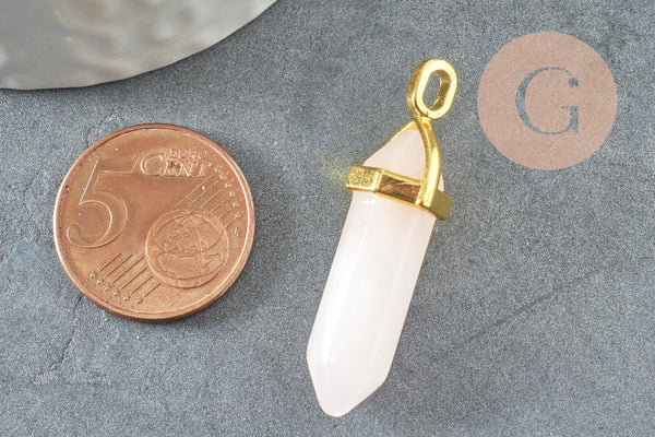 Pendentif pointe quartz rose naturel zamac doré 39-41mm, création bijoux pierre naturelle, x1 G1649