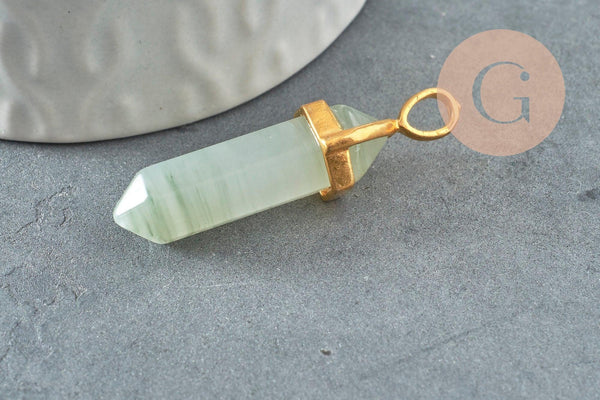Pendentif pointe quartz vert naturel zamac doré 40mm, création bijoux pierre naturelle, x1 G2984