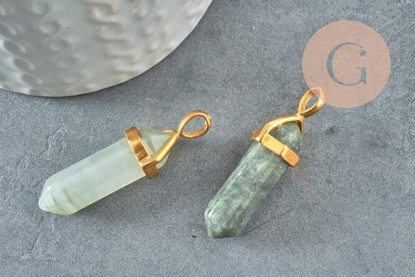 Pendentif pointe quartz vert naturel zamac doré 40mm, création bijoux pierre naturelle, x1 G2984