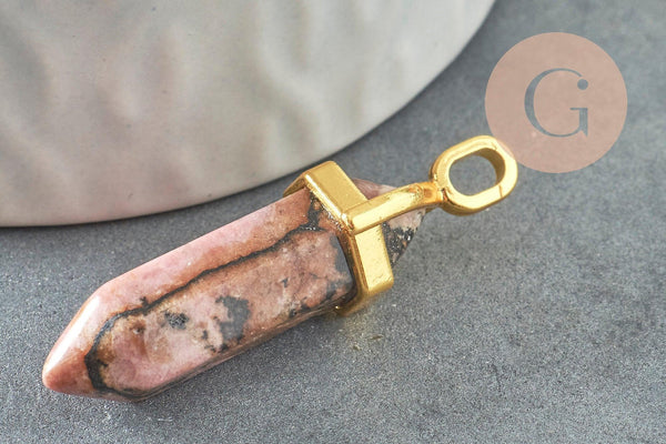 Pendentif pointe rhodonite naturelle zamac doré 38mm, création bijou pierre naturelle x1 G2802