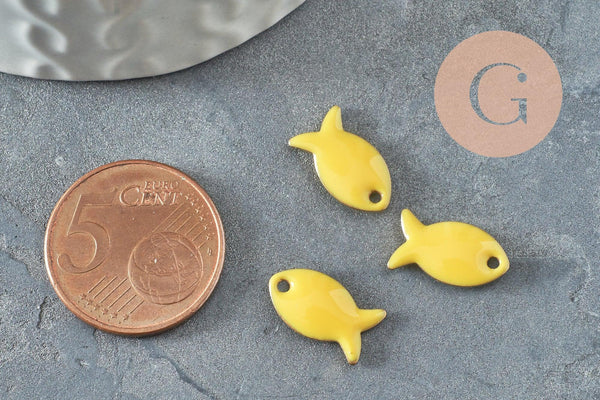 Pendentif poisson laiton brut émail jaune 13.5mm, x2 (G10129)