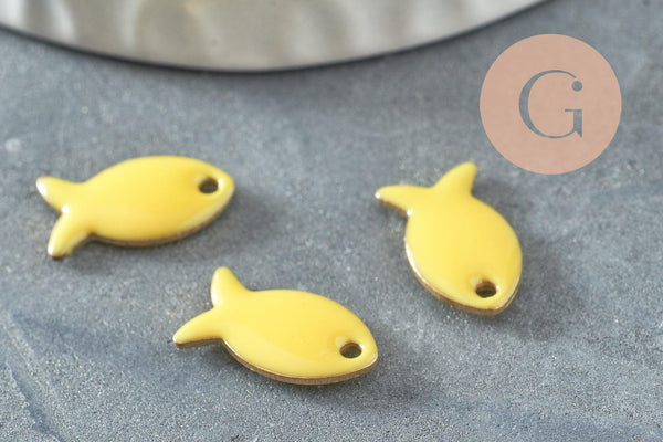 Pendentif poisson laiton brut émail jaune 13.5mm, x2 (G10129)