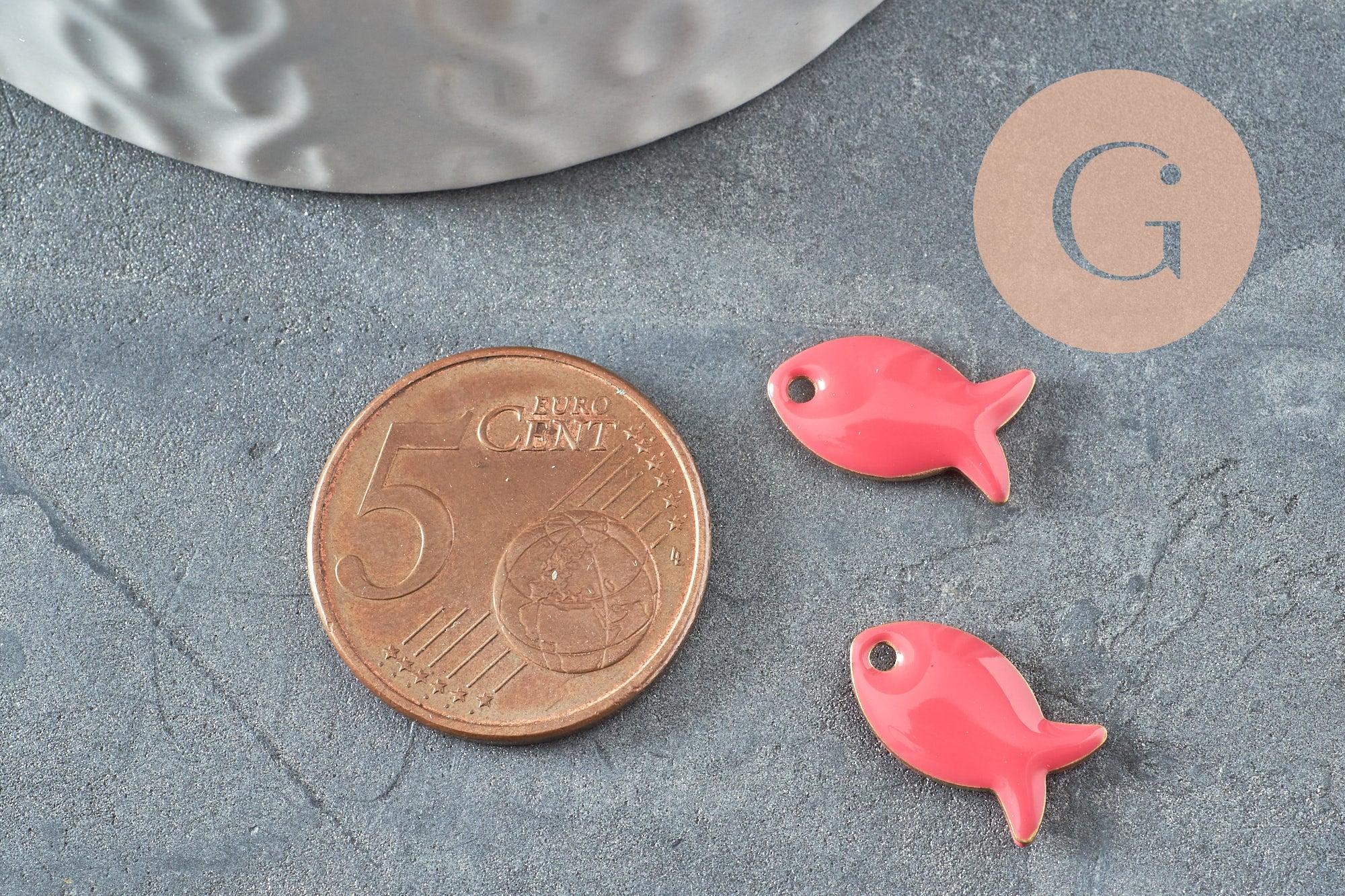 Pendentif poisson laiton brut émail rose 13.5mm, x2 (G10130)