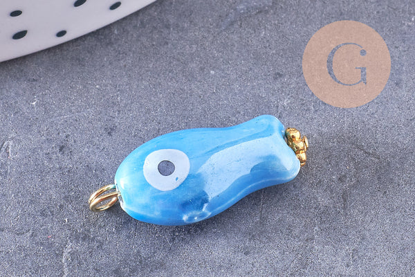 Pendentif poisson porcelaine multicolore Acier 304 inoxydable doré 25mm, x1 (G9816)