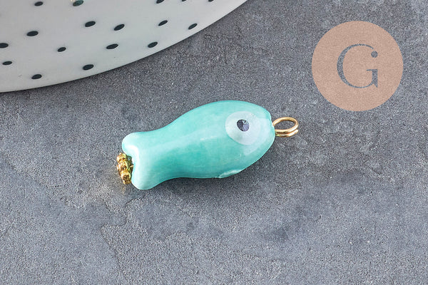 Pendentif poisson porcelaine multicolore Acier 304 inoxydable doré 25mm, x1 (G9816)