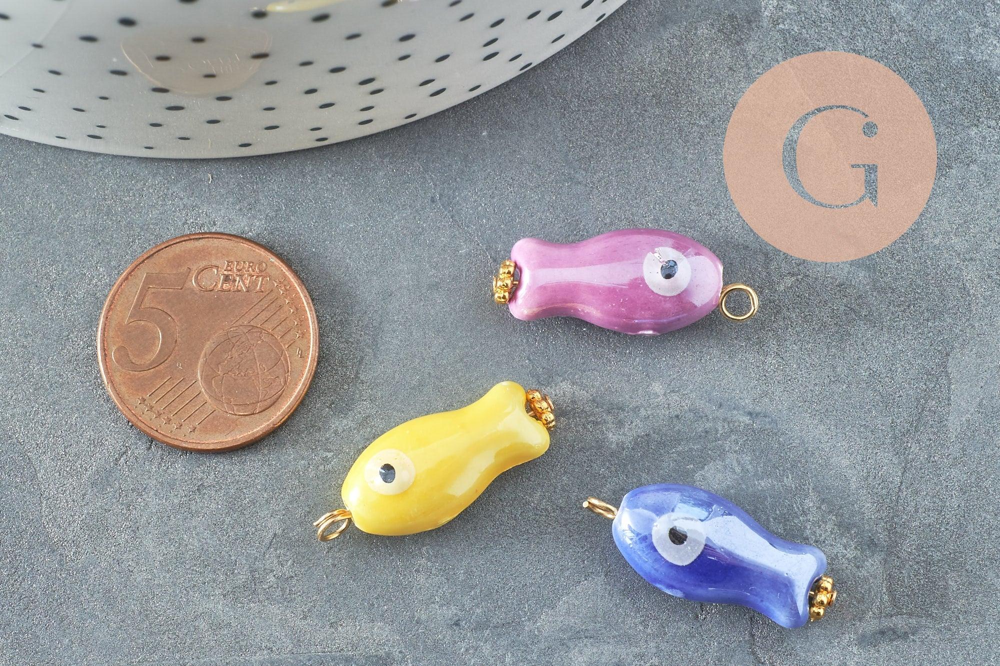 Pendentif poisson porcelaine multicolore Acier 304 inoxydable doré 25mm, x1 (G9816)