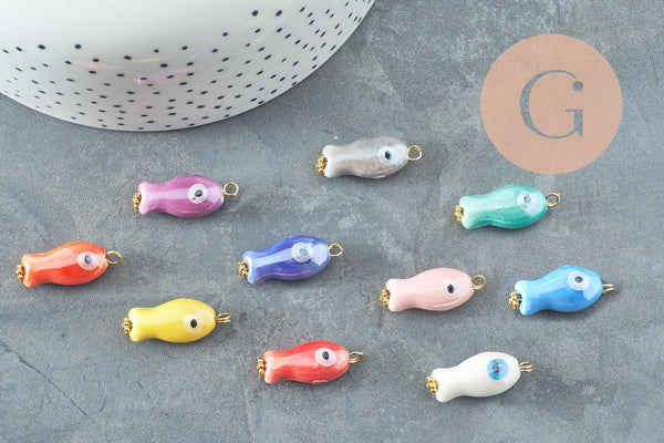 Pendentif poisson porcelaine multicolore Acier 304 inoxydable doré 25mm, x1 (G9816)