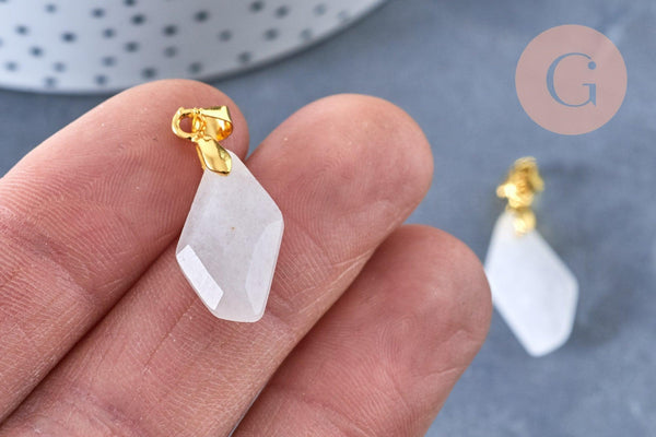 Pendentif polygone facettée jade naturel blanc laiton doré 19,5mm, création bijoux pierre naturelle, x1 G7154