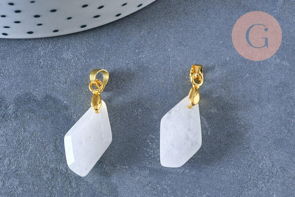 Pendentif polygone facettée jade naturel blanc laiton doré 19,5mm, création bijoux pierre naturelle, x1 G7154