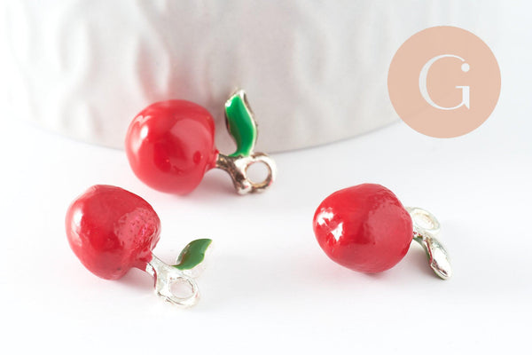 Pendentif pomme émaillé rouge zamac argenté 18.5mm, x1 (G4299)